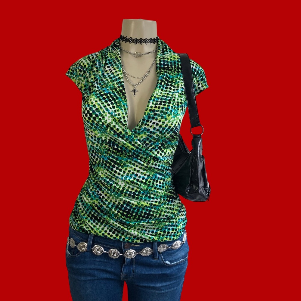 Vintage Y2K Chaus Green Abstract Matrix Dot Cap Sleeve Wrap Top Womens Large